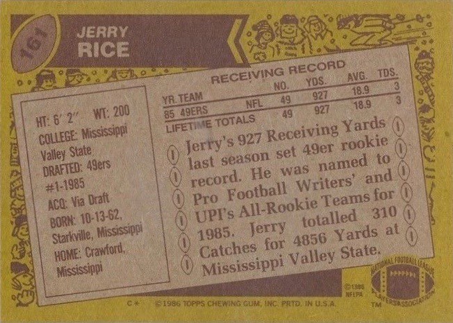 1986 Topps #161 Jerry Rice Rookie Card reverse side with stats and bio