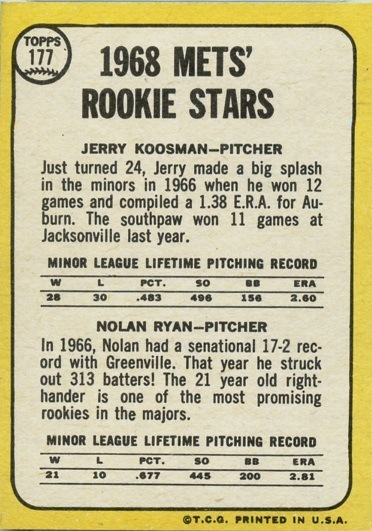 1968 Topps Milton Bradley #177 Nolan Ryan Rookie Reverse Side
