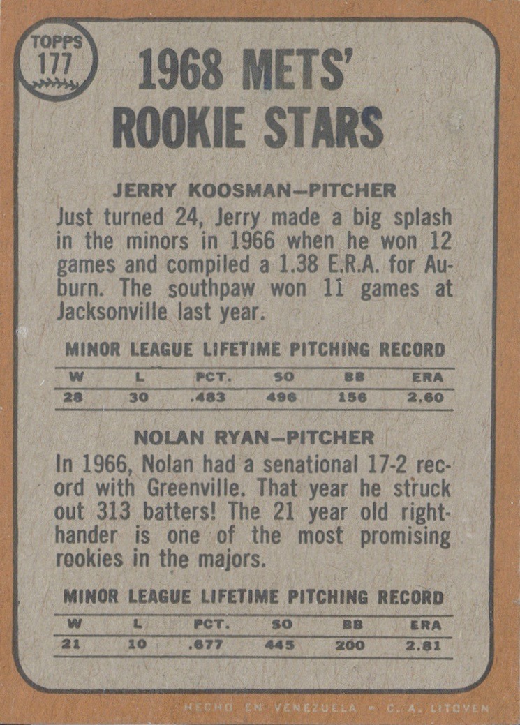 1968 Venezuela Topps Nolan Ryan Rookie Reverse Side of the Card