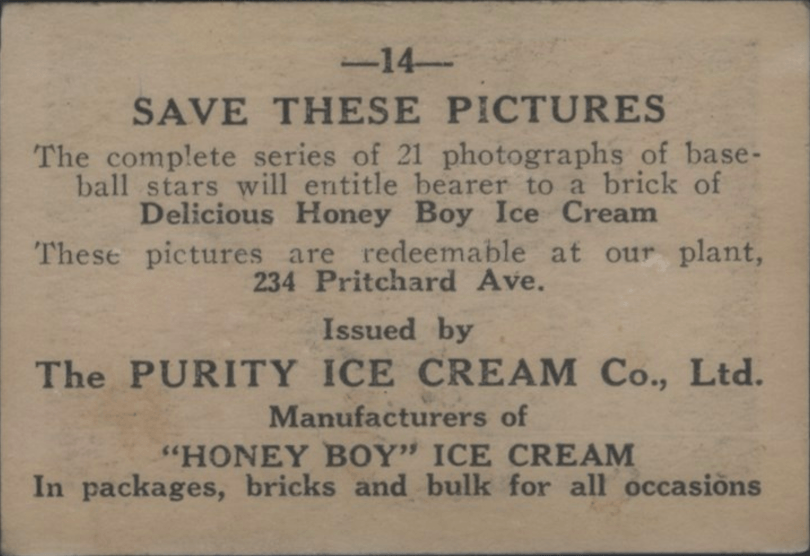 1927 Honey Boy Ice Cream Babe Ruth Baseball Card Back Side