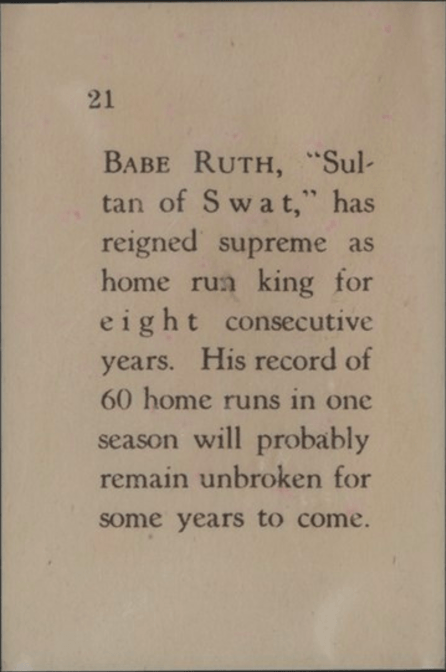 1929 Star Player Candy Babe Ruth Card Back Side