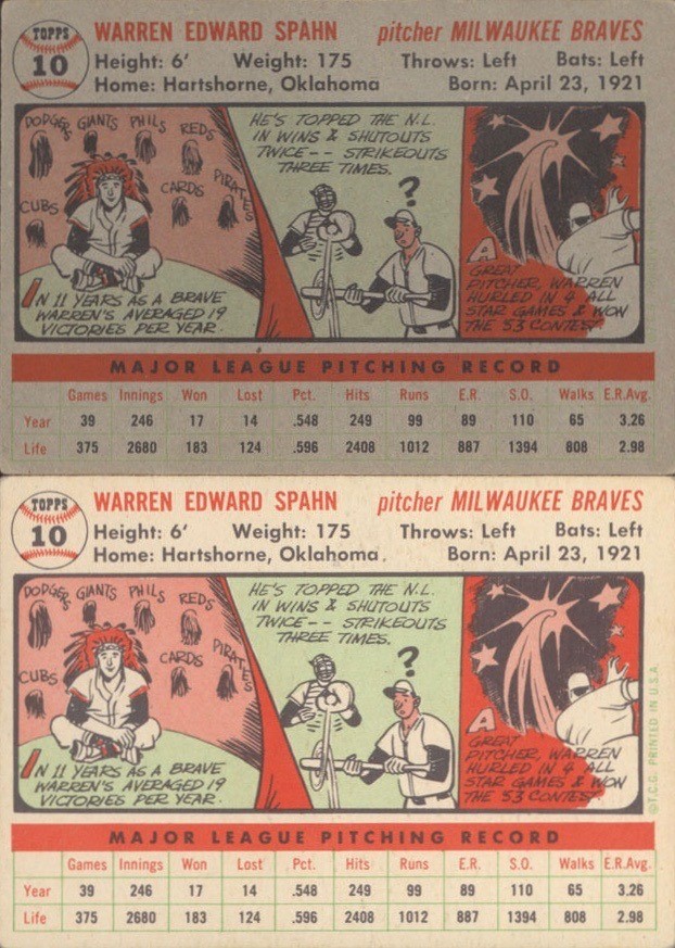 1956 Topps #10 Warren Spahn White And Gray Back Variation Baseball Cards