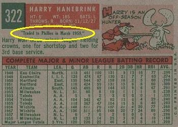 1959 Topps #322 Hank Hanebrink Baseball Card With Trade Statement On Reverse Variation
