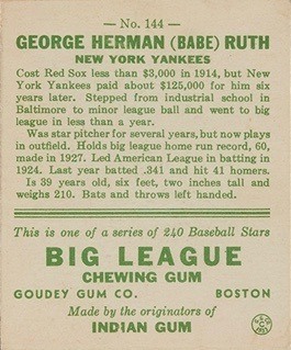 1933 Goudey #144 Babe Ruth Baseball Card Back Side