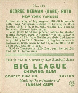 1933 Goudey #149 Babe Ruth Baseball Card Reverse