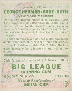 1933 Goudey #181 Babe Ruth Card Back Side
