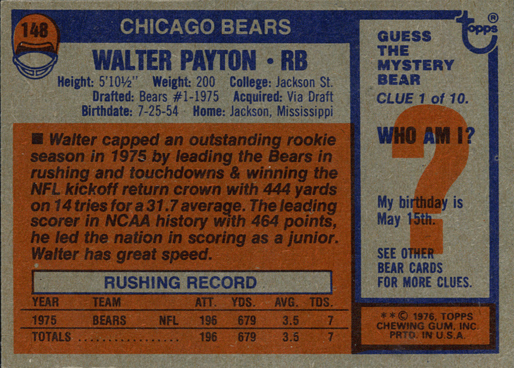 1976 Topps #148 Walter Payton Football Card Reverse With Statistics and Biography