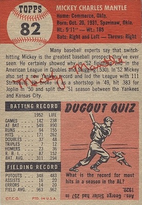 1953 Topps #82 Mickey Mantle Card Back Side With Biography and Stats