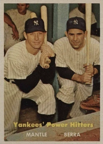 1957 Topps #407 Yankees Power Hitters Mantle and Berra Baseball Card