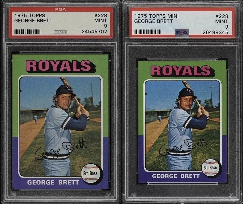 1975 Topps Mini George Brett Rookie Card and 1975 Topps George Brett Card Side By Side Comparison