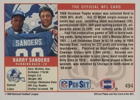 1989 Pro Set #494 Barry Sanders Rookie Card Reverse Side With Stats and Biography