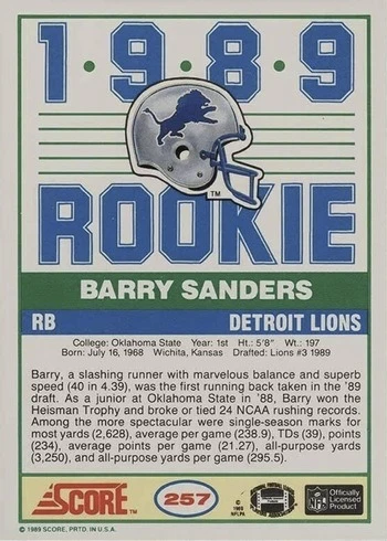 1989 Score #257 Barry Sanders Rookie Card Reverse Side With Stats and Biography