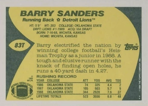 1989 Topps Traded #83T Barry Sanders Rookie Card Reverse Side With Stats and Biography